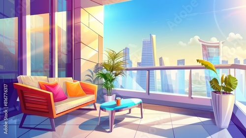 Modern background of home balcony and living room interior. Open terrace in building. Cozy sofa in studio hotel apartment with outdoor lounge cartoon concept. Morning in city condo panoramic view.