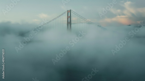 In the quiet moments before sunrise, the Golden Gate Bridge is veiled in mist, its iconic form a ghostly apparition against the foggy backdrop of the bay.