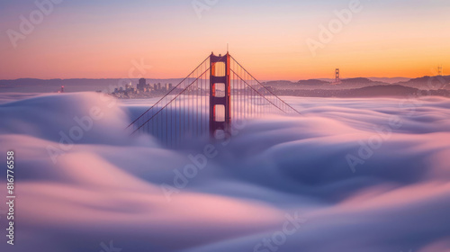In the quiet stillness of dawn, the Golden Gate Bridge stands as a silent sentinel, its elegant arches rising above the swirling fog that blankets the bay.