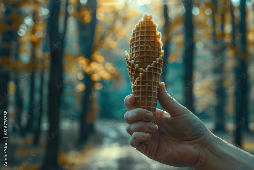 Closeup of a hand presenting an ice cream cone against a blurred autumn forest background Closeup of a hand presenting an ice cream cone against a blurred autumn forest background