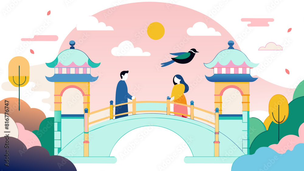 Fototapeta premium Serene Sunset at Oriental Pavilion Bridge with Couple and Bird. Vector illustration for Qixi festival. Chinese Valentine's Day, Double Seventh Festival, the Magpie Festival.