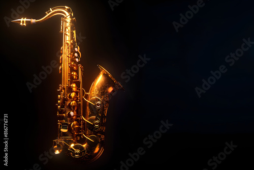 A detailed shot of a shiny golden saxophone on a solid black background