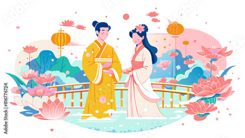Traditional Asian Couple in Garden Illustration with Cultural Elements. Vector illustration for Qixi festival. Chinese Valentine's Day, Double Seventh Festival, the Magpie Festival.