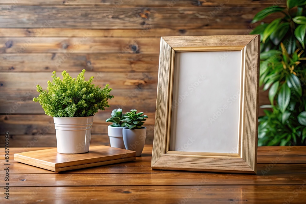 Wooden photo frame mockup on wooden table with green plant.