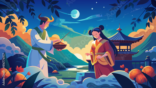 Enchanting Moonlit Encounter: Traditional Asian Attire and Scenery. Vector illustration for Qixi festival. Chinese Valentine's Day, Double Seventh Festival, the Magpie Festival.