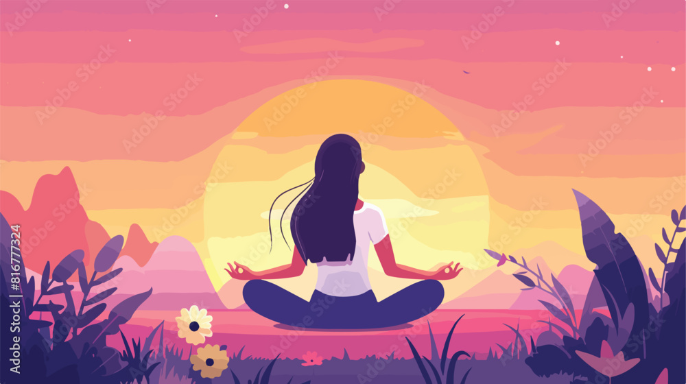Cartoon flat woman meditating yoga Vector style vector