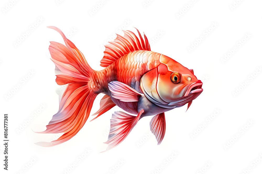 Fototapeta premium Watercolor illustration of a red and white goldfish swimming, its tail waving gracefully on a white background.