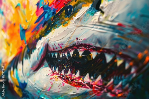 Closeup of an abstract painting capturing the essence of a shark with vibrant  expressive brushwork