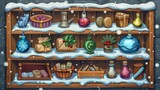 UI menu boards, buttons, and shop design. Cartoon illustration of wooden snow-covered store racks with Christmas decorations, holy plants, and items for sale.
