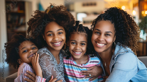 Two mothers smiling and embracing their two daughters in a living room. The mothers are wearing casual clothing and the daughters are wearing pajamas. The living room is warm and inviting, with a