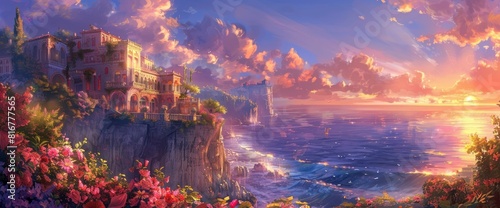 Sunset Over The Sea, Houses On Cliffs Overlooking The Ocean, Romantic Atmosphere, Colorful Sky With Clouds, In The Style Of Anime 