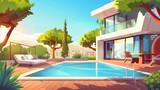 Swimming pool in backyard with wooden patio and fence, and living room with sofa. Modern cartoon of rural house scene with terrace for relaxation, swimming pool in courtyard, and lounge area.