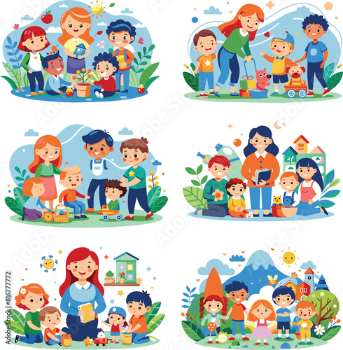 Set flat illustration of a child playing with toys, vector illustration.