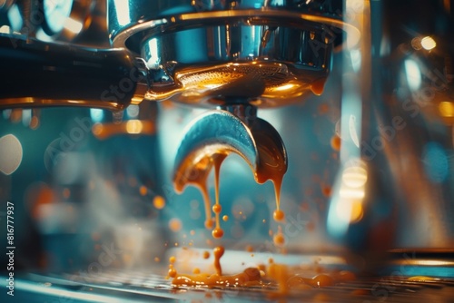 Closeup of rich espresso flowing from a coffee machine's portafilter photo