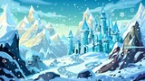 Cartoon illustration of fairytale frozen palace with towers. Rock background covered with ice and snow, falling snowflakes, magic cold kingdom.