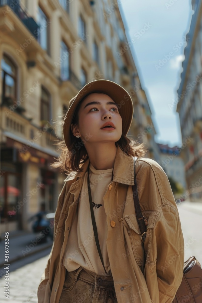 A woman in a hat and jacket walking down the street. Suitable for urban lifestyle concepts