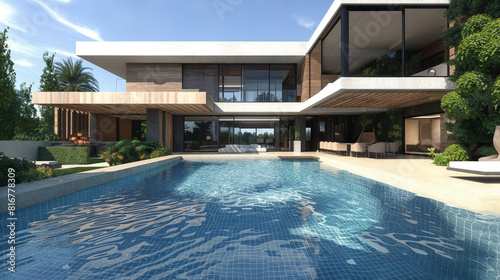 Exterior modern luxury villa with pool and garden  nobody inside