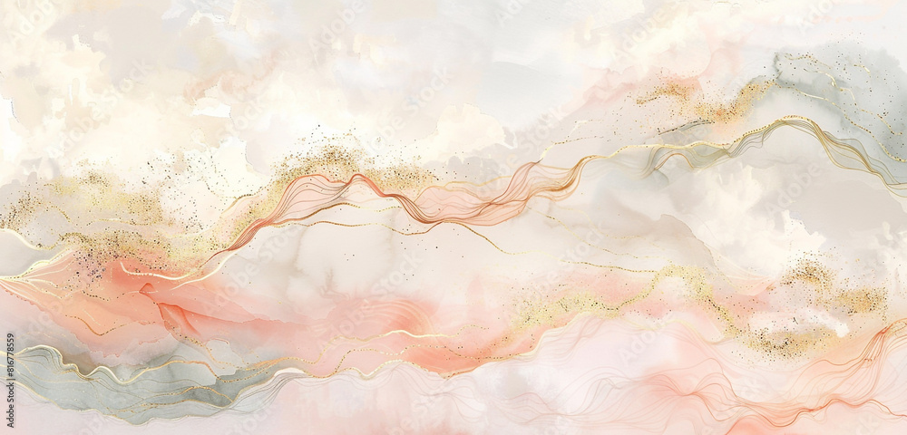 Obraz premium Calm wide-format ivory and blush watercolor view enriched with gold.