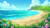 Seaside seashore with flowers and grass on tropical seaside coast. Caribbean lagoon beautiful landscape picture panorama banner concept. A cartoon beach scene with sand, sea, and blue sky.