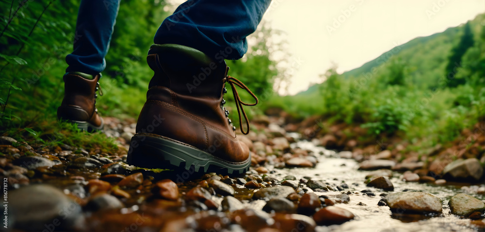 Man hikes with hiking brown shoes in mountain river, adventure lover wearing blue jeans in forest, walking in shaky stones Man hikes with hiking brown shoes in mountain river, adventure lover wearing blue jeans in forest, walking in shaky stones