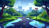 This cartoon modern panoramic landscape shows an asphalt highway that twists from the countryside to the city in a rainy climate. It is surrounded on all sides by woods and grass.