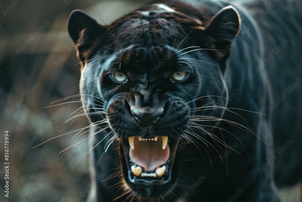 Closeup of a fierce black panther snarling with vivid detail on its fur and fangs Closeup of a fierce black panther snarling with vivid detail on its fur and fangs