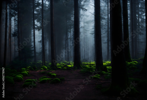 Mysterious Green dark pine tree forest  cinematic foggy trunk in nature  spruce trees in mysterious horror park