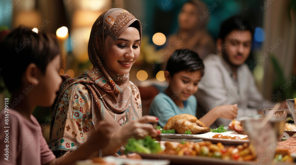 Muslim family gathering around dining table for Ramadan dinner. Muslim family gathering around dining table for Ramadan dinner.