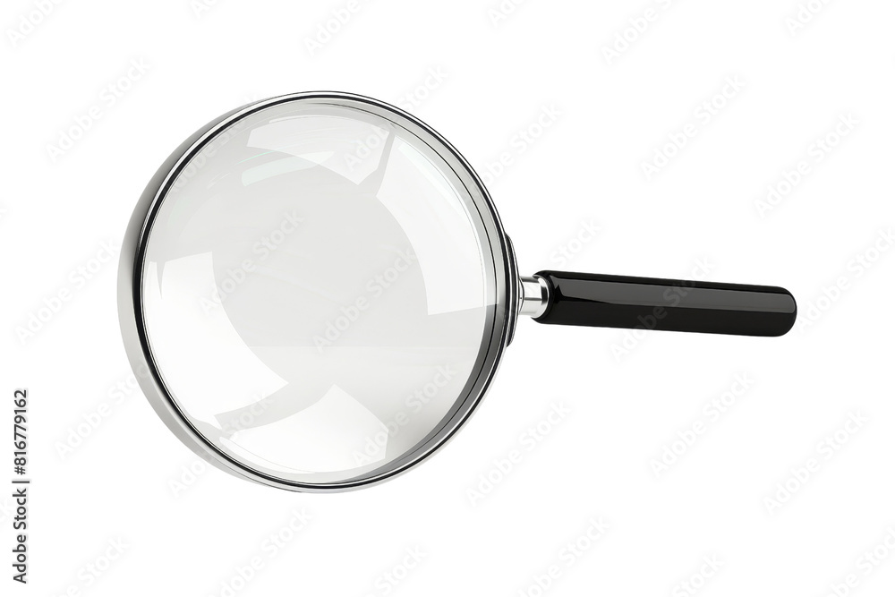 A magnifying glass is shown in focus on a transparent background. The glass is clear and shiny, and the handle is black. Concept of curiosity and exploration A magnifying glass is shown in focus on a transparent background. The glass is clear and shiny, and the handle is black. Concept of curiosity and exploration