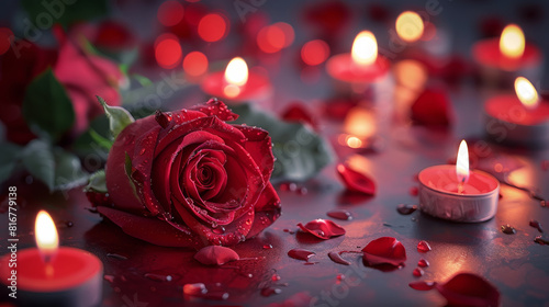 On a red background  a red rose is surrounded by candles. Concept for an intimate Valentine s celebration. Generative AI.