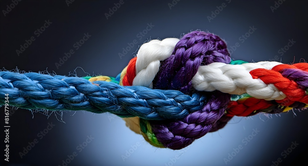 Image of multiple colors ropes tied together in a complex knot ...