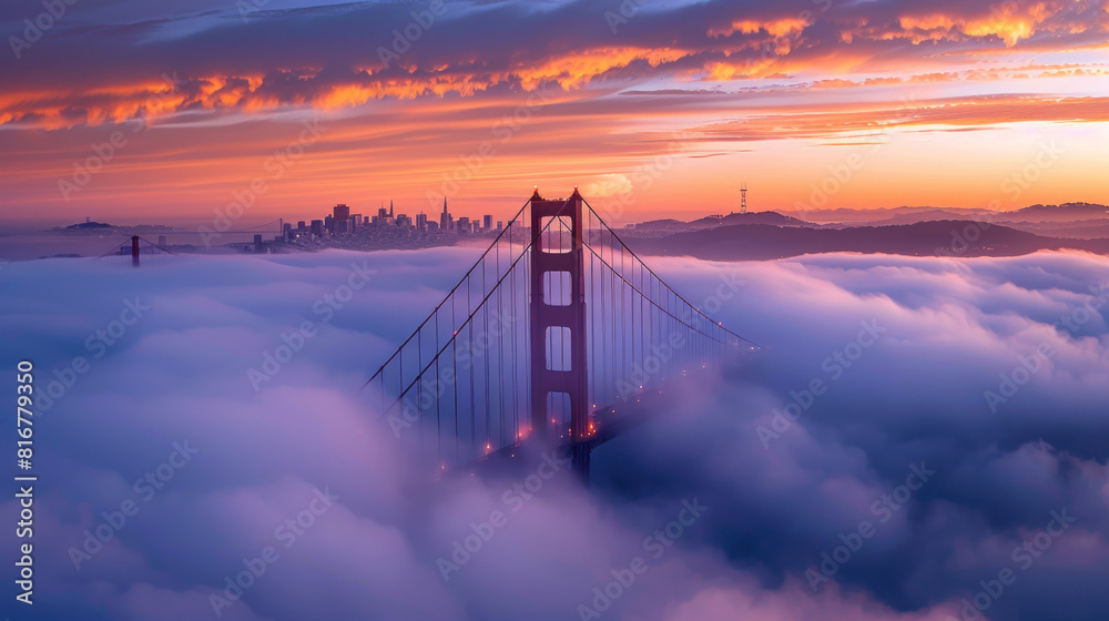 Fototapeta premium The sun rises behind the fog-covered Golden Gate Bridge, casting a warm, golden glow over the misty landscape as the city awakens to a new day. 