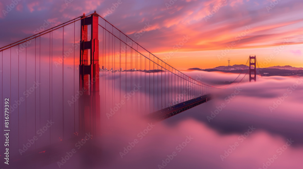 Fototapeta premium The sun rises behind the fog-covered Golden Gate Bridge, casting a warm, golden glow over the misty landscape as the city awakens to a new day. 