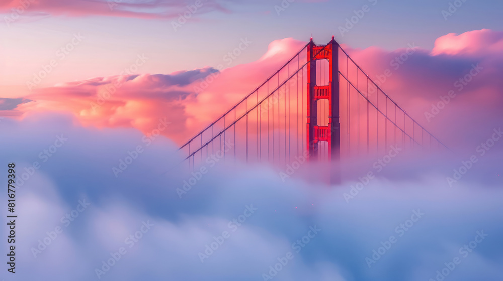 Fototapeta premium The sun rises behind the fog-covered Golden Gate Bridge, casting a warm, golden glow over the misty landscape as the city awakens to a new day. 