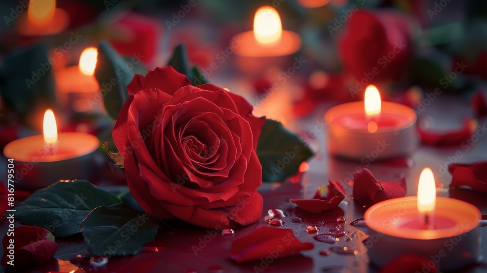 On a red background, a red rose is surrounded by candles. Concept for an intimate Valentine's celebration. Generative AI. On a red background, a red rose is surrounded by candles. Concept for an intimate Valentine's celebration. Generative AI.