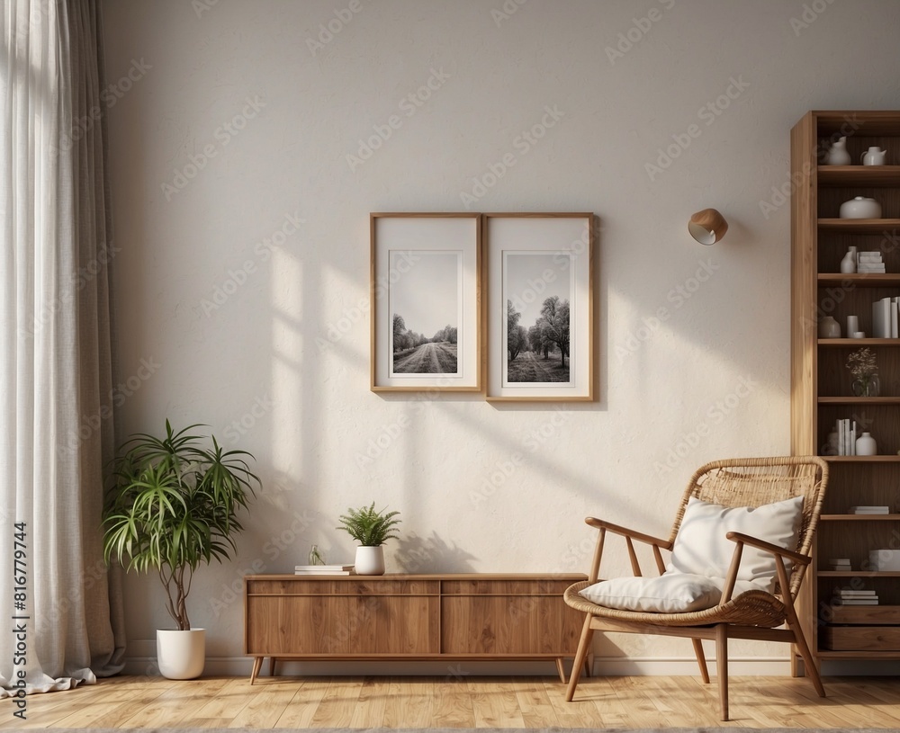 Fototapeta premium Interior design mockup with green room, living room, modern room, home wall, floor, decoration, and wood interior 