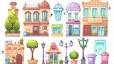 An urban street setting with cafe and store, lanterns, plants in pots, garbage cans, garbage cans, garbage trucks and trash containers. Cartoon modern set of multistorey buildings on a city street.