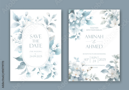 Wedding Invitation with delicate watercolor buds and leaves of jasmine. © ku4erashka