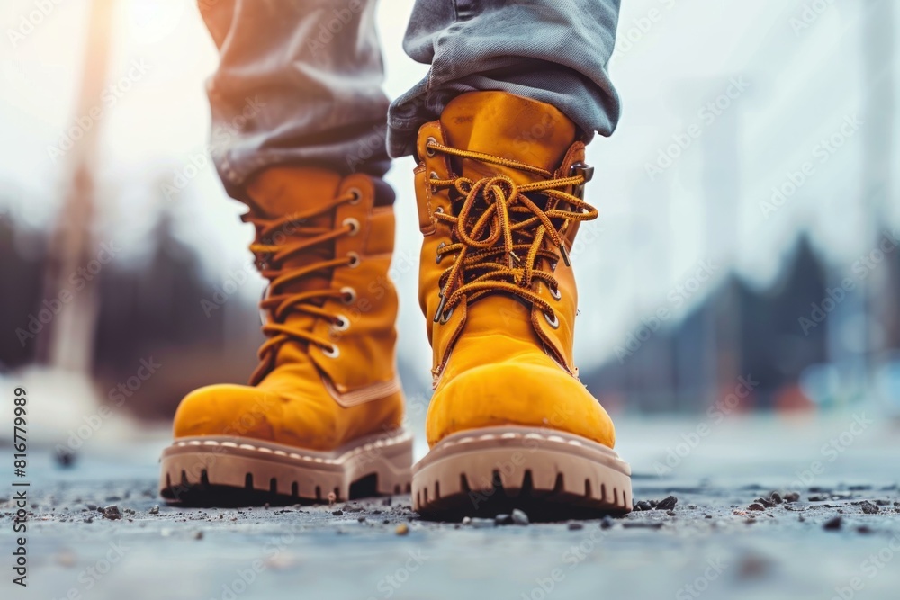 Close up of vibrant yellow boots taking a step on a gritty city street Close up of vibrant yellow boots taking a step on a gritty city street