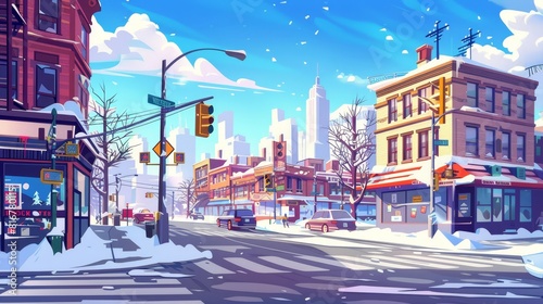 An urban winter scene with roads  traffic lights  and sidewalks. A snowy urban scene with highways and multistory buildings.