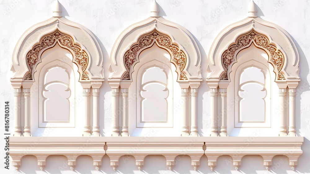 An ancient indian building design with Arab windows set on a white wall background. This is a modern realistic illustration of a traditional islamic arch gate frame, muslim mosque, and arabian royal