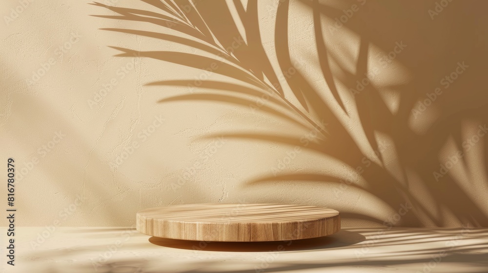 Modern realistic illustration of round podium for organic cosmetics presentation, beauty product pedestal mockup, display ad. 3D wooden platform on beige wall background with exotic leaves in shadow. Modern realistic illustration of round podium for organic cosmetics presentation, beauty product pedestal mockup, display ad. 3D wooden platform on beige wall background with exotic leaves in shadow.
