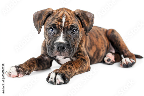 A brown and white puppy is laying on a white background