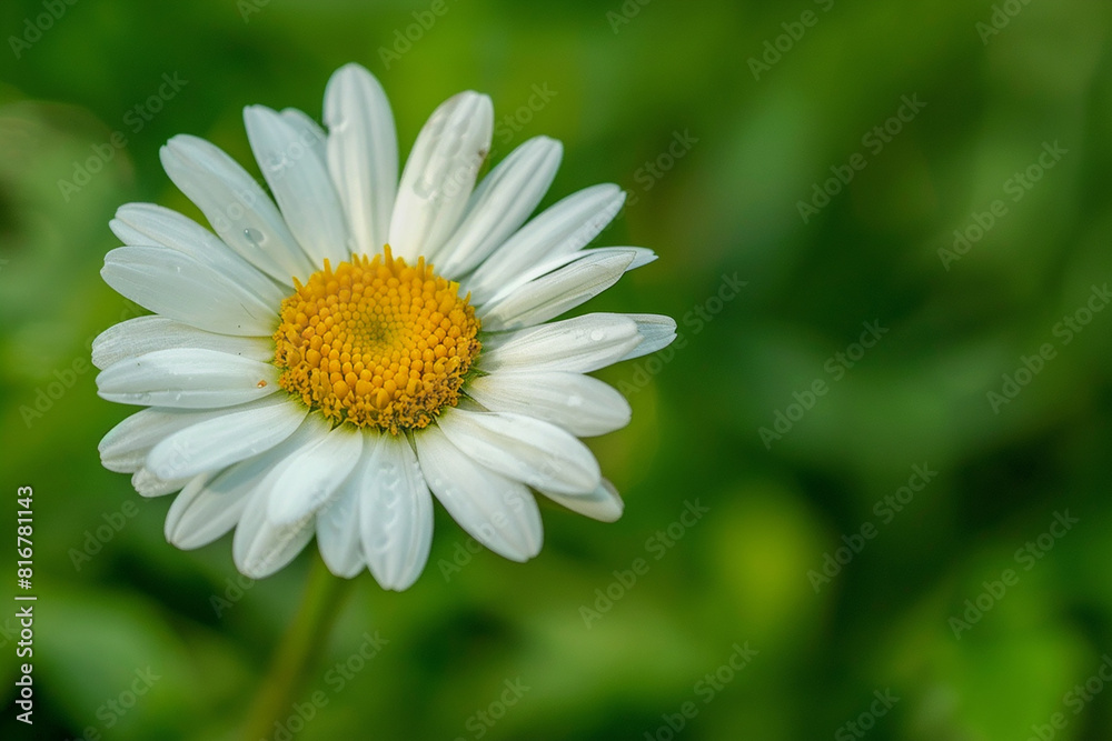 A white flower with yellow centers is in the foreground of a green background A white flower with yellow centers is in the foreground of a green background