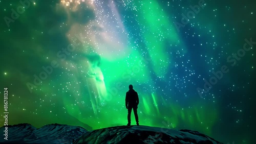 A man stands beneath the vibrant colors of the aurora borealis in this stock video footage. photo