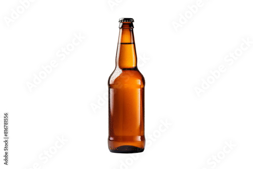A bottle of beer is sitting on a transparent background. The bottle is half full and has a label on it