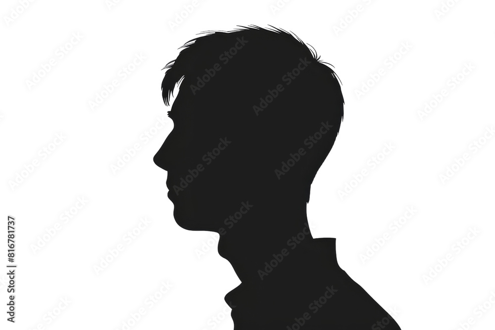A man's head is shown in black and white. The man's head is cut off, and the rest of his body is not visible. The image is a silhouette, which gives it a dramatic and mysterious feel