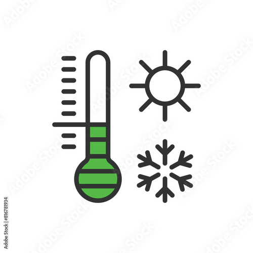 Thermometer, in line design, green. Thermometer, temperature, gauge, heat, cold, weather on white background vector. Thermometer editable stroke icon.