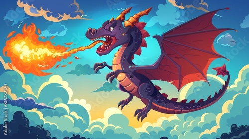 The fantasy dragon is breathing fire over a blue sky in this modern cartoon illustration. He is attacking with flame in his mouth  a medieval adventure game character  a reptile mascot in a medieval