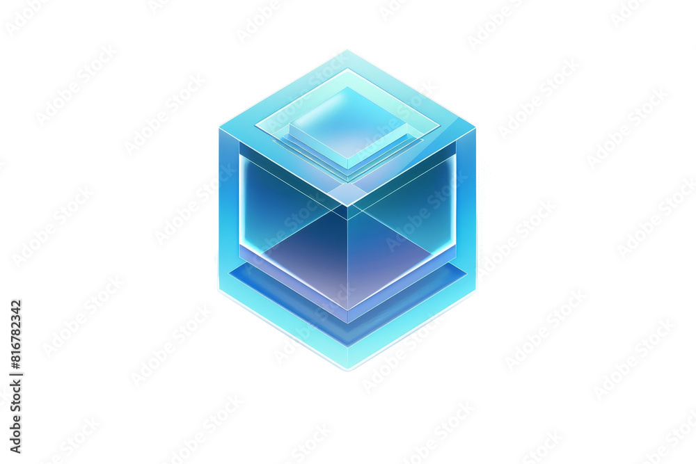 A blue cube with a clear glass surface. The cube is on a transparent background. The cube is a symbol of something important A blue cube with a clear glass surface. The cube is on a transparent background. The cube is a symbol of something important